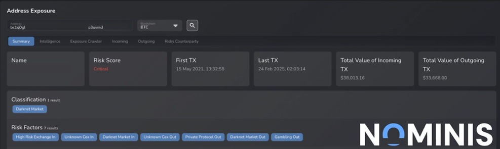 Dashboard showing address exposure with critical risk score for a Bitcoin address. Displays transaction dates, values, and risk factors.