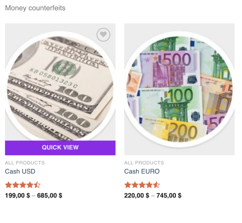 Two images of counterfeit money: USD and Euro notes, labeled "Quick View." Prices range from $199 to $745 with star ratings.