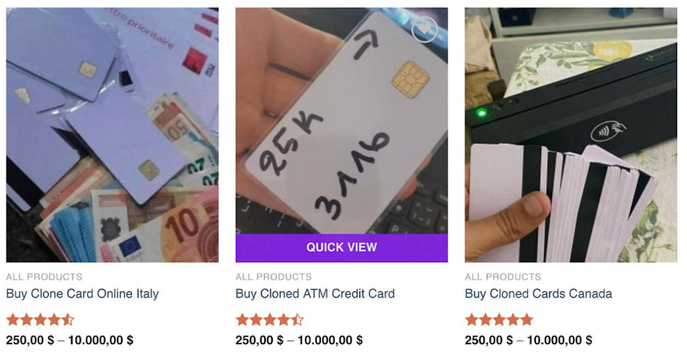 Several images show hands holding credit cards with text about purchasing cloned cards in Italy, Canada, and ATMs, prices listed below.