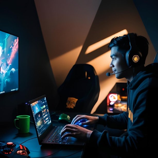 A person gaming at a desk with a laptop and monitor, wearing headphones. Dark room with glowing lights, creating an intense, focused mood.