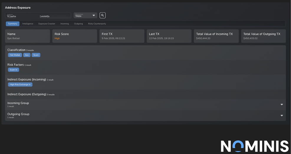 Dark interface showing address exposure summary with risk score "High." Includes transaction dates, values, classifications like "Scam." Brand name "Nominis."