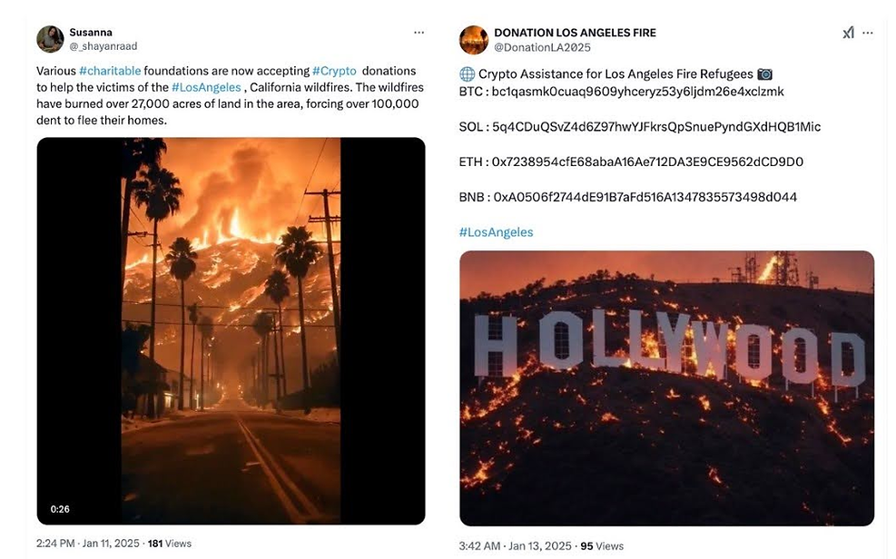 Screenshots of scam offering crypto assistance for LA wildfire tragedy