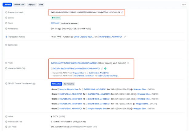 Blockchain transaction page showing transaction hash, addresses, actions, and gas fees. Includes tabs like Internal Txns and Logs.