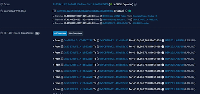 Token transfers listed with transaction details in a table format. Dark interface with blue text and icons, creating a tech-focused mood.
