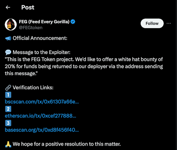 Tweet on X from FEGtoken, communicating with hacker