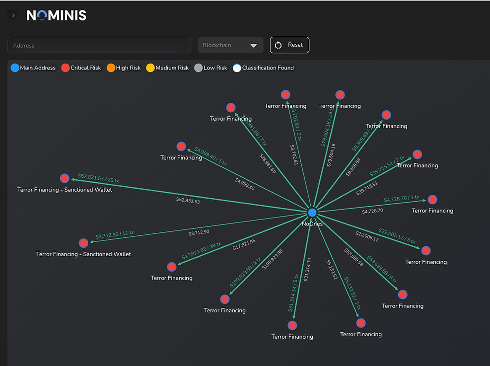 Flowchart showing connections from a central blue node labeled "No Ones" to red nodes marked "Terror Financing," with transaction values.