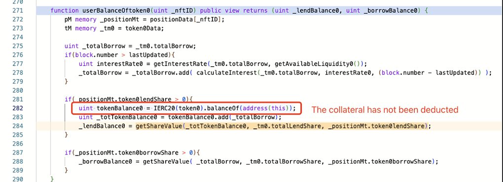 Highlighted code snippet in an IDE showing a function with lines underlined, error message "The collateral has not been deducted."