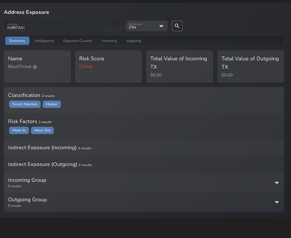 Nominis Vue dashboard showing Ethereum address details. "BlockThreat" has a "Critical" risk score. Tags: "Forum Mention," "Hacker," "Mixer In/Out."