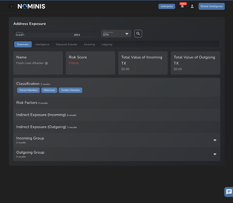 Nominis Dashboard interface showing address exposure with critical risk score. Highlights "Flash Loan Attacker" and classifications: Forum, Malicious.