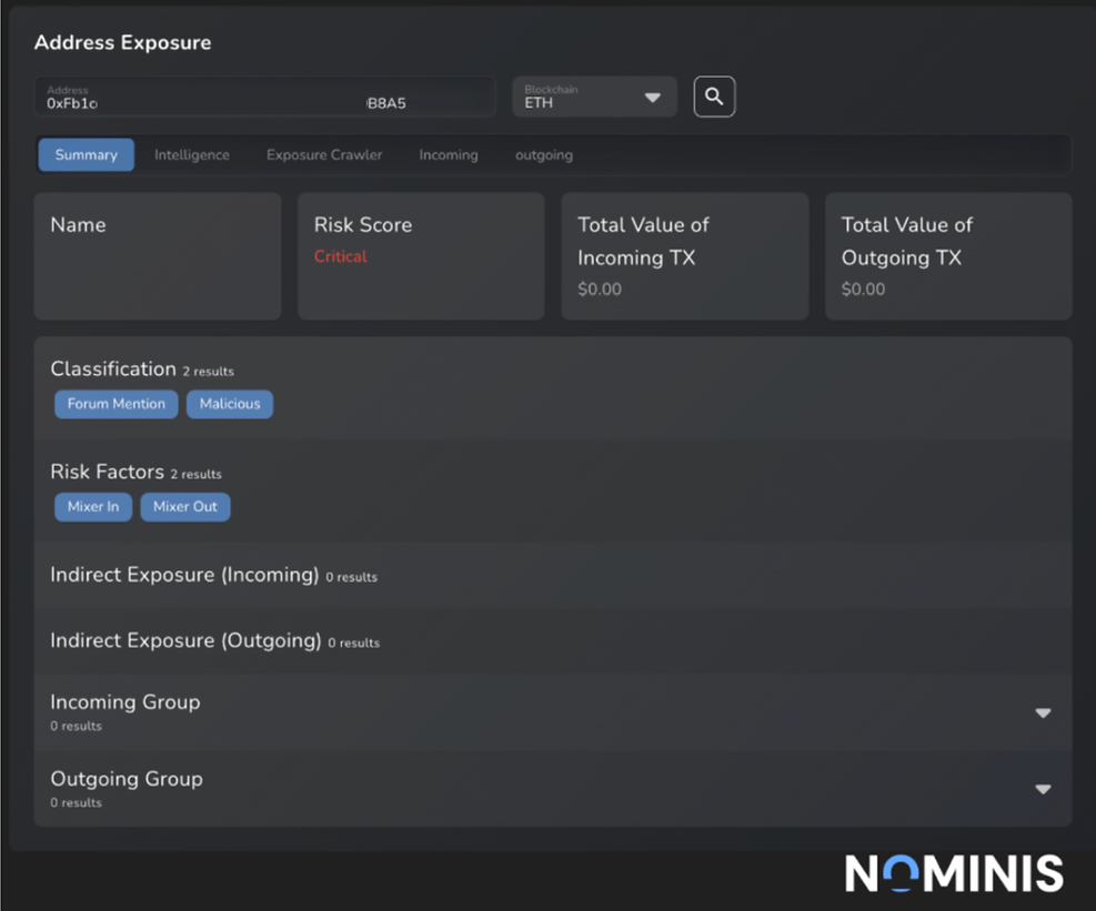 Nominis Vue Dashboard showing address exposure with a risk score of "Critical." Classification is "Malicious."