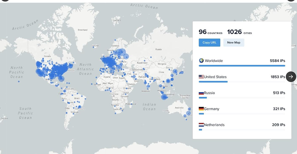 World map with blue circles indicating IP locations; sidebar lists IP counts for Worldwide, US, Russia, Germany, Netherlands.