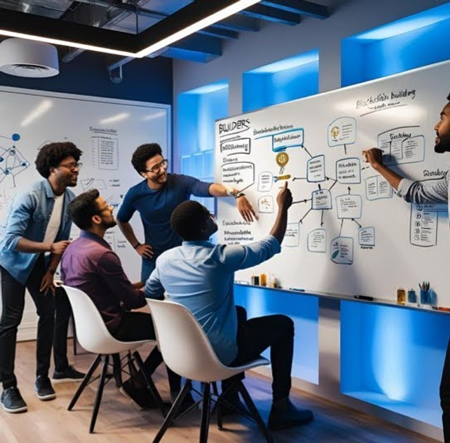 Five people collaborate on blockchain ideas at a whiteboard in a modern office. Blue lighting enhances the creative atmosphere.