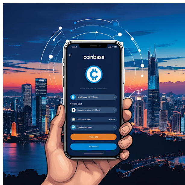 Hand holding a phone with the Coinbase app, set against a city skyline at sunset. The app screen shows login options. Vibrant colors.