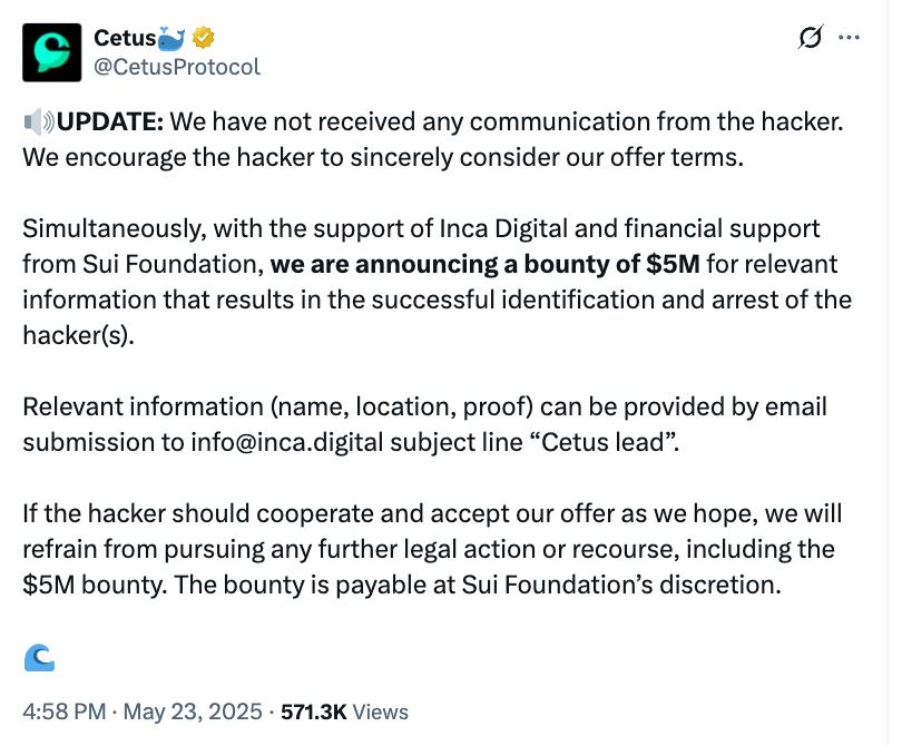 Cetus announces $5M bounty with Inca Digital and Sui Foundation for hacker info. Email details to info@inca.digital, subject "Cetus lead".