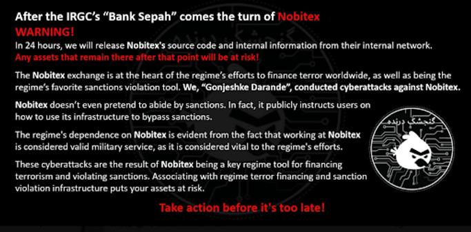 Warning text about cyberattacks on Nobitex appears in red and white on a black background, featuring an illustration of a masked individual.