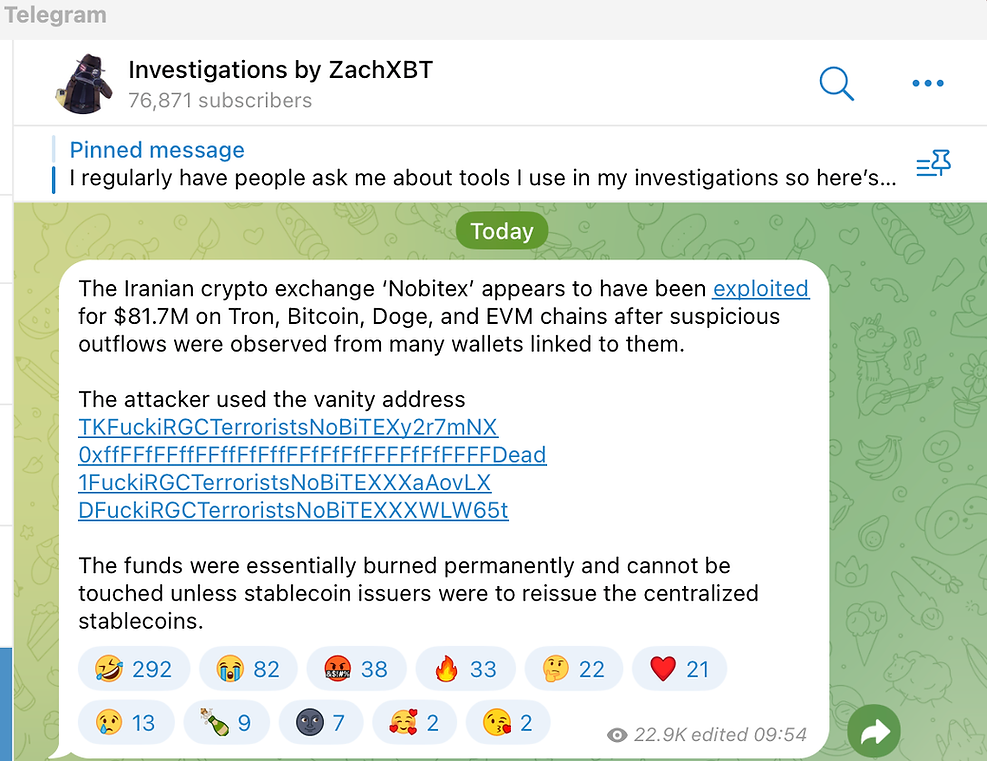 Post by ZachXBT in his Telegram channel