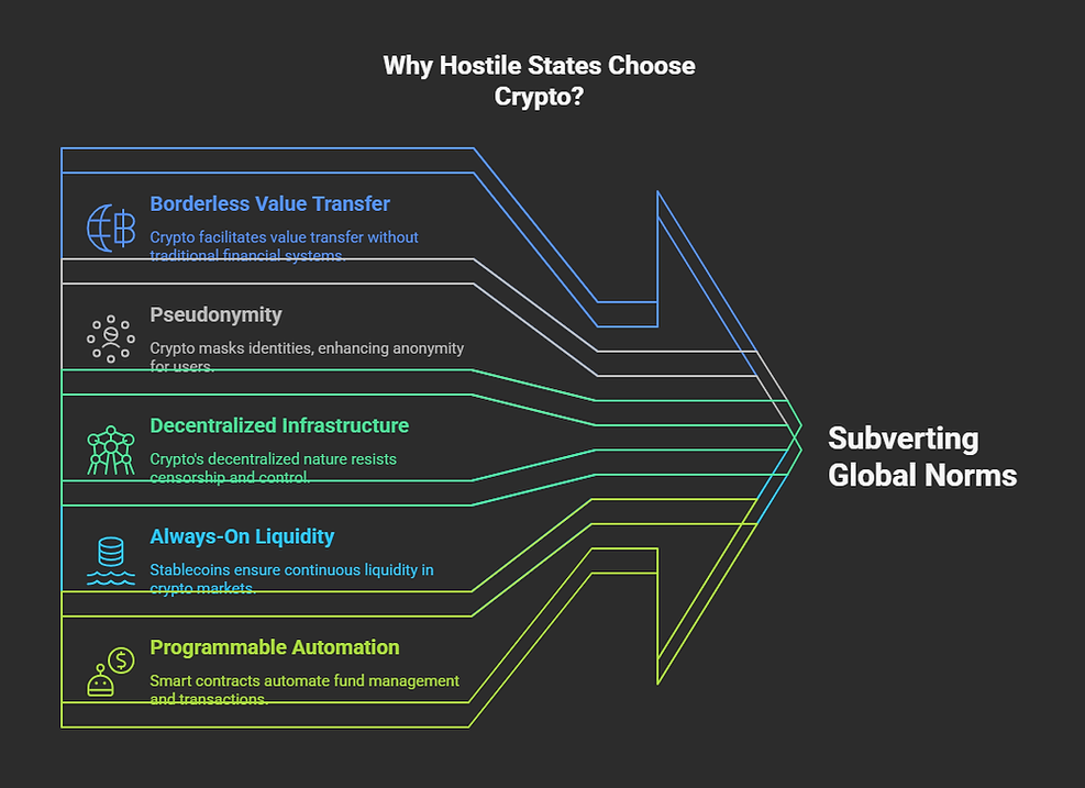 Flowchart titled "Why Hostile States Choose Crypto?" lists benefits like pseudonymity and automation, with vibrant lines on a dark background.