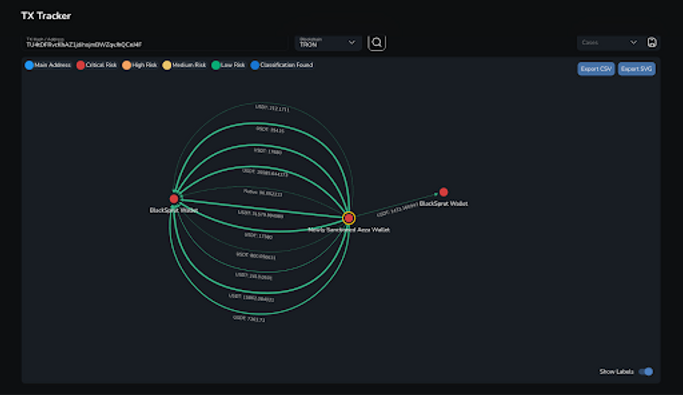 Network diagram in dark theme showing transaction paths between two main nodes, "Blockchain" and "Blockchain Wallet," with risk labels and IDs.