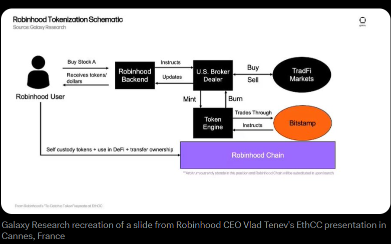 Flowchart of Robinhood tokenization with user actions, backend, brokers, and markets. Includes labels like Bitstamp and Robinhood Chain.