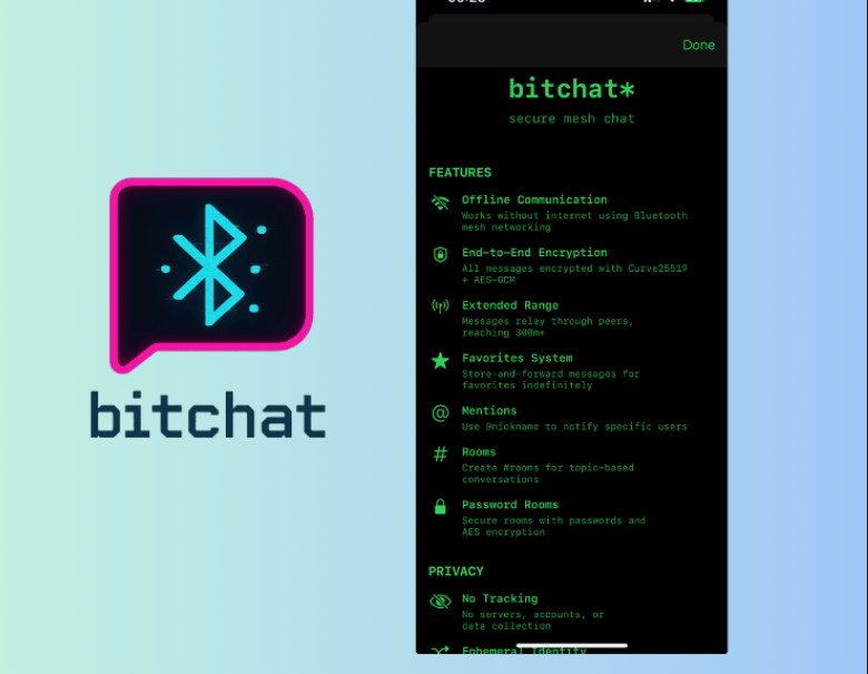 Bitchat app interface features secure mesh chat with offline Bluetooth communication, end-to-end encryption, and privacy options on a green-black theme.