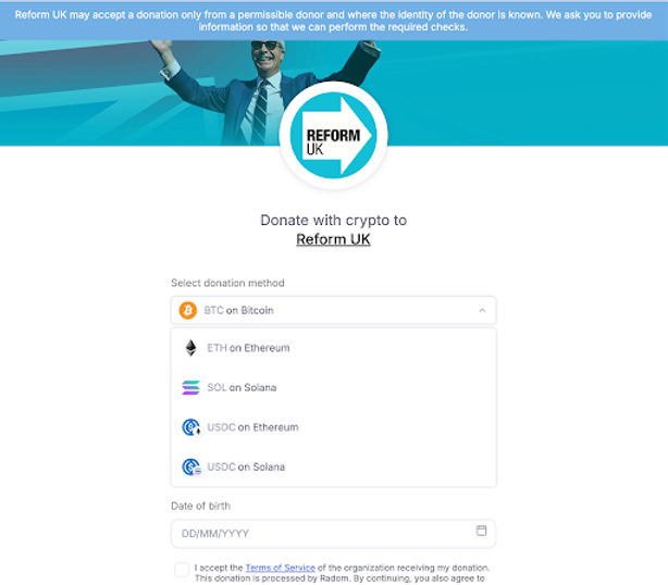 Donation page for Reform UK with a blue header, crypto options, and a dropdown menu. Background features a blurred image of a smiling person.