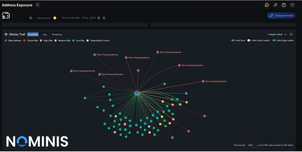 Network graph on dark background showing address exposure. Nodes represent money trails with risks and labels like "Terror Financing Service."