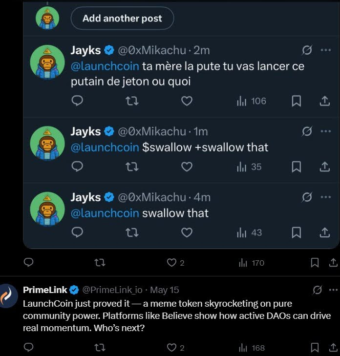 Three tweets by user Jayks mention Launchcoin with varying text. A tweet by PrimeLink praises LaunchCoin's community impact.