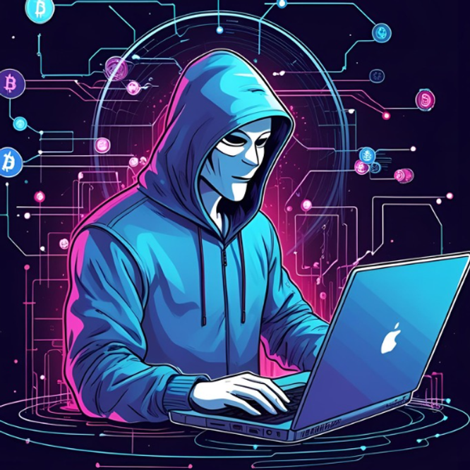Hooded figure at laptop, glowing with blue and pink digital symbols. Futuristic, secretive setting; tech-focused, mysterious mood.