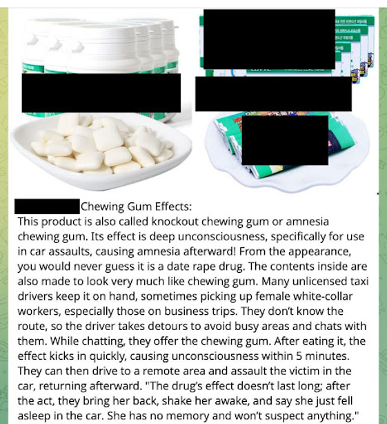 Packets of white chewing gum are displayed, described as causing unconsciousness. This text warns of its misuse in car assaults.