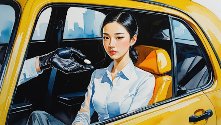 Woman in white shirt sits in yellow car. Black-gloved hand offers white pill. City skyline visible. Serious mood.