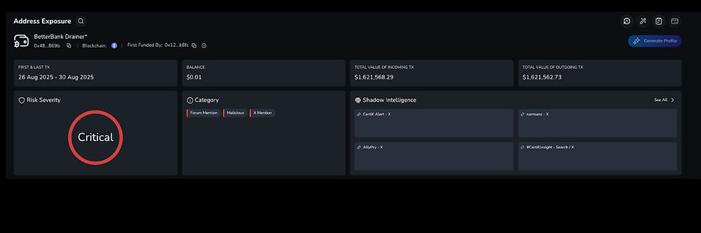 Dashboard showing "Critical" risk for "BetterBank Drainer," with $0.01 balance. High incoming and outgoing TX values. Shadow Intelligence notes.