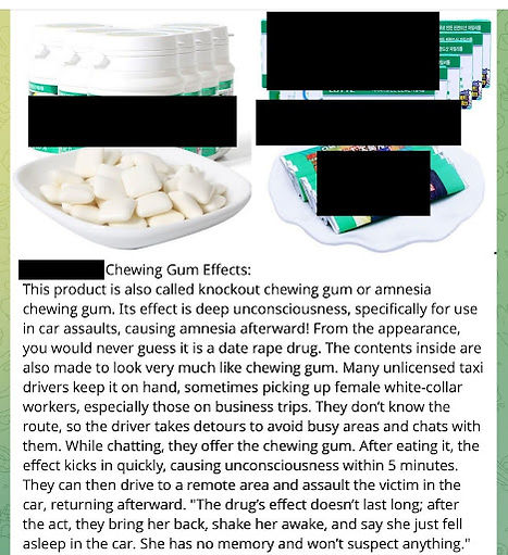 White gum and green-labeled bottles with blacked-out labels. Text describes "knockout chewing gum" effects. Bright background.