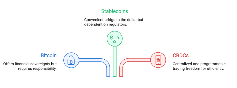Diagram comparing Bitcoin, Stablecoins, and CBDCs. Bitcoin offers sovereignty, Stablecoins bridge to the dollar, CBDCs are centralized.