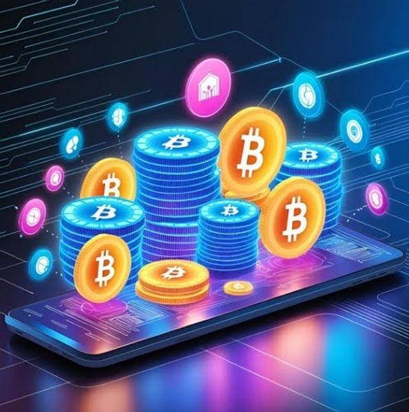 Digital coins with Bitcoin logos float above a smartphone, surrounded by tech-themed icons. Background features circuit patterns and neon colors.