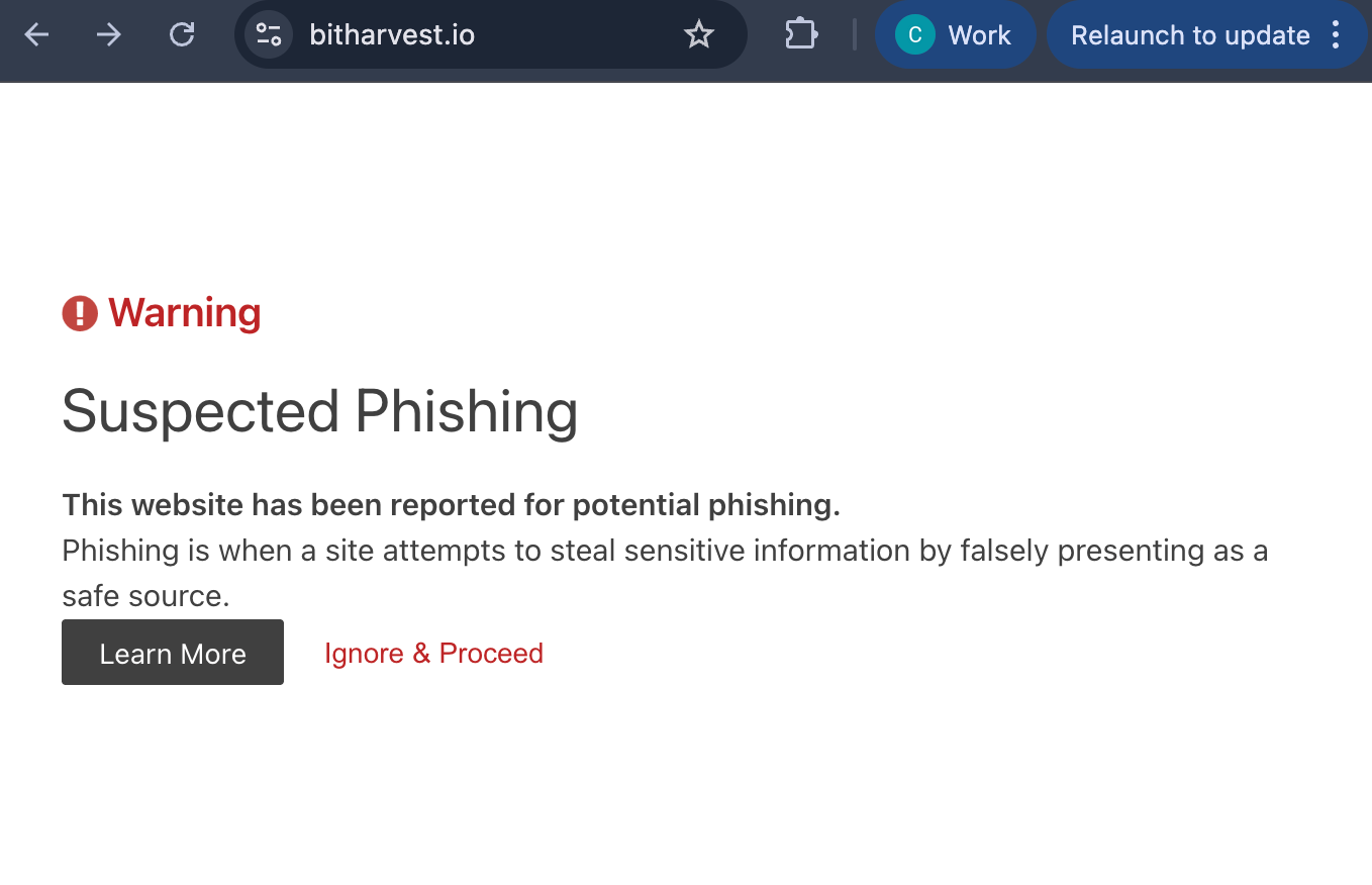 phishing warning over BitHarvest's website