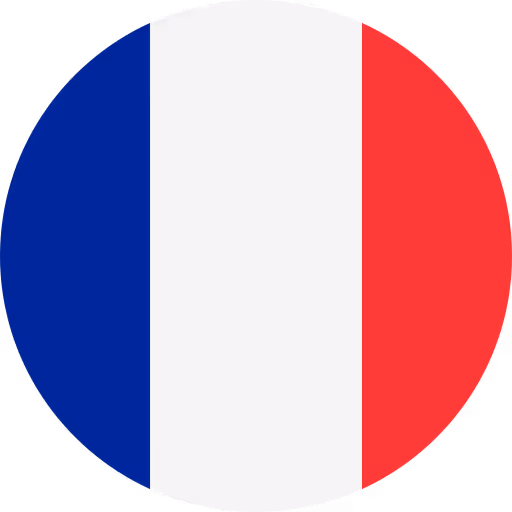 Circular icon of the French flag with vertical blue, white, and red stripes.