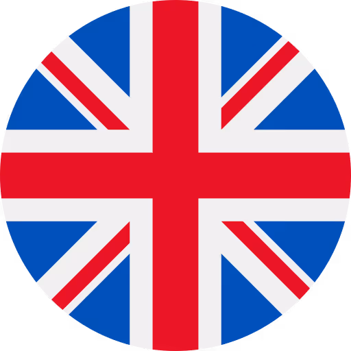 Circle-shaped United Kingdom flag featuring red, white, and blue colors with cross and diagonal stripes.