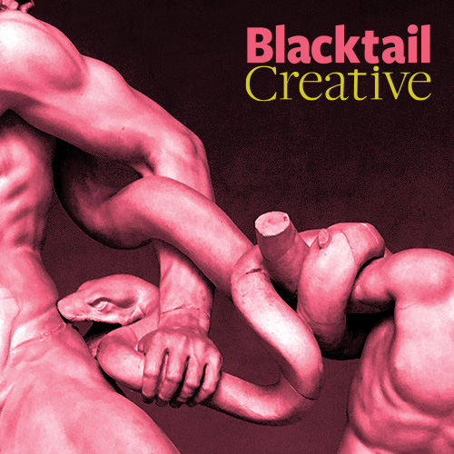 Sculpted muscular torsos entangled with a large snake against a dark background.