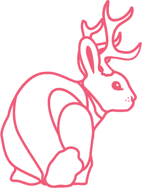 Pink line drawing of a rabbit with antlers facing right.