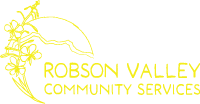 Yellow Robson Valley Community Services logo with mountain and tree design.