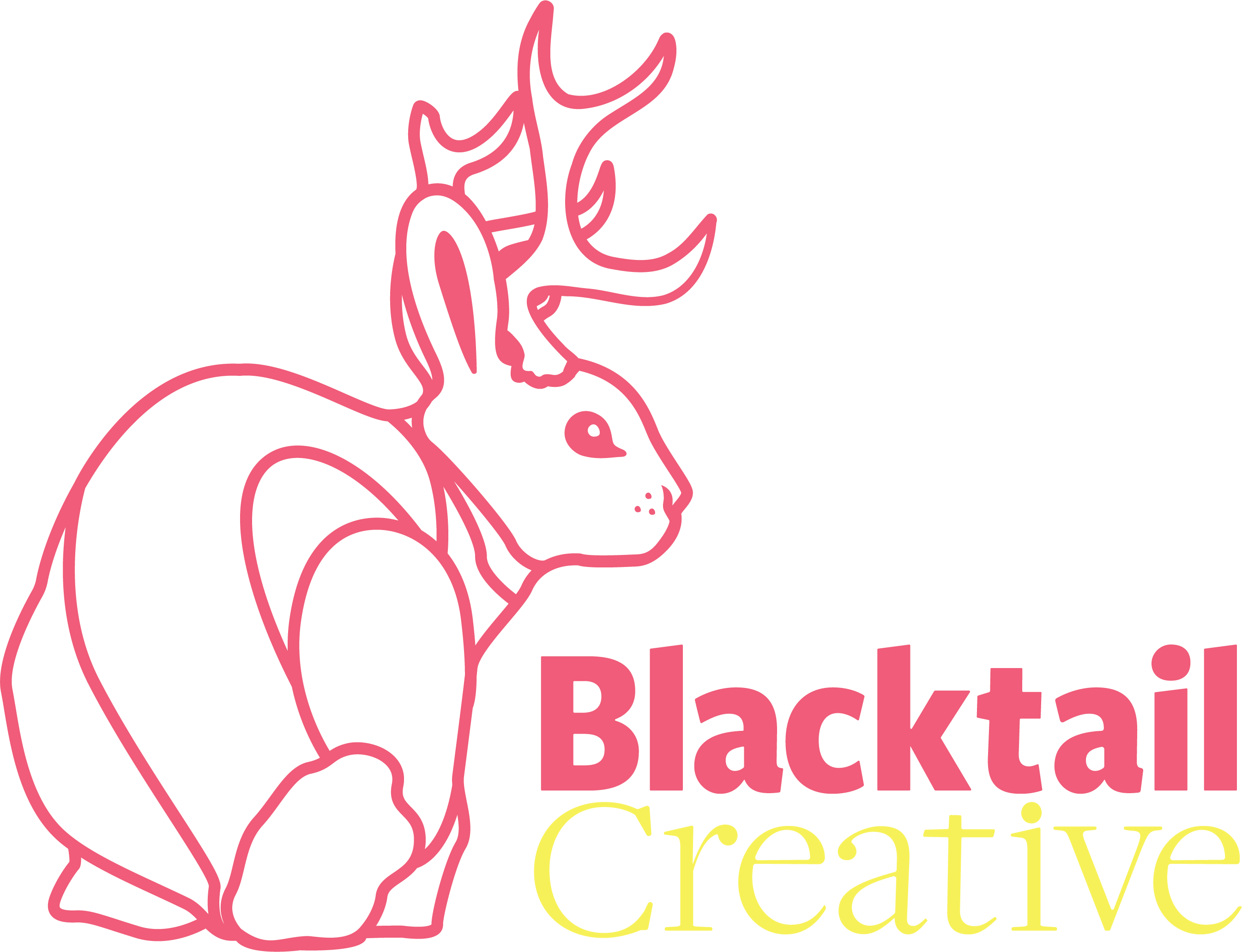 Pink line drawing of a jackalope next to text reading Blacktail Creative.