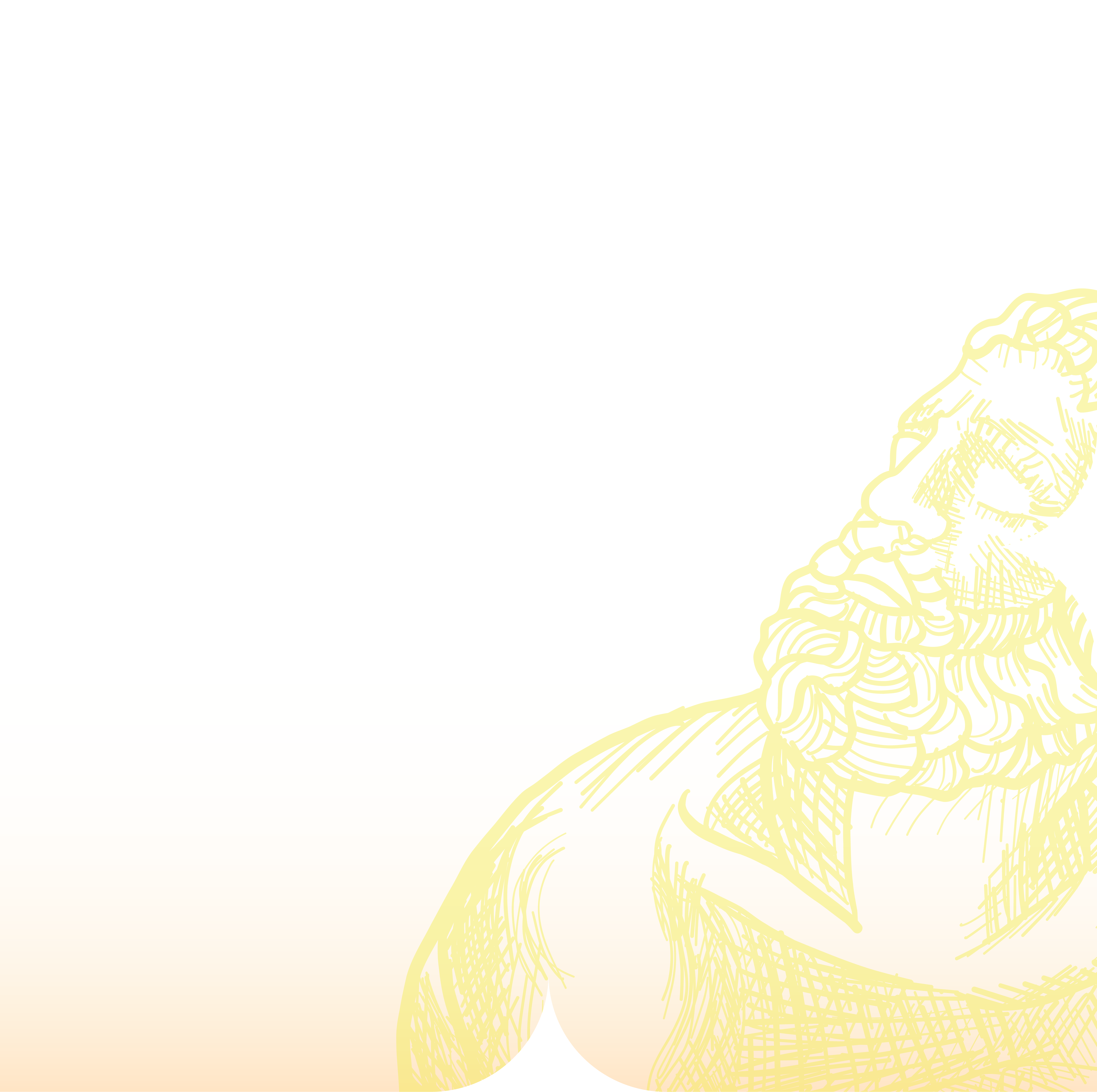 Yellow line art of a bearded man with long hair looking upward on a white background.
