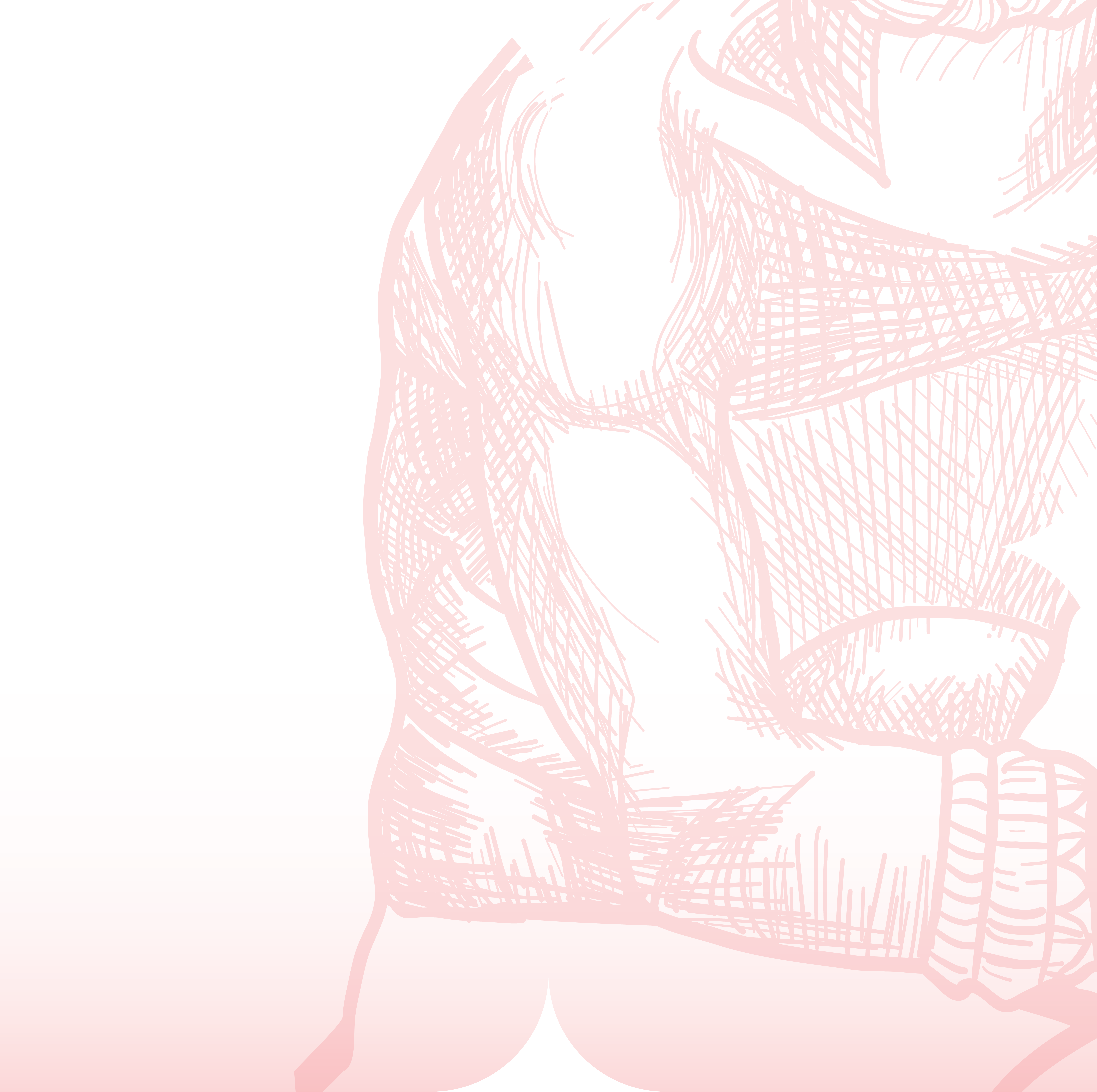Pink sketch of a muscular arm with a geometric shape on the chest inside a clover-shaped border.