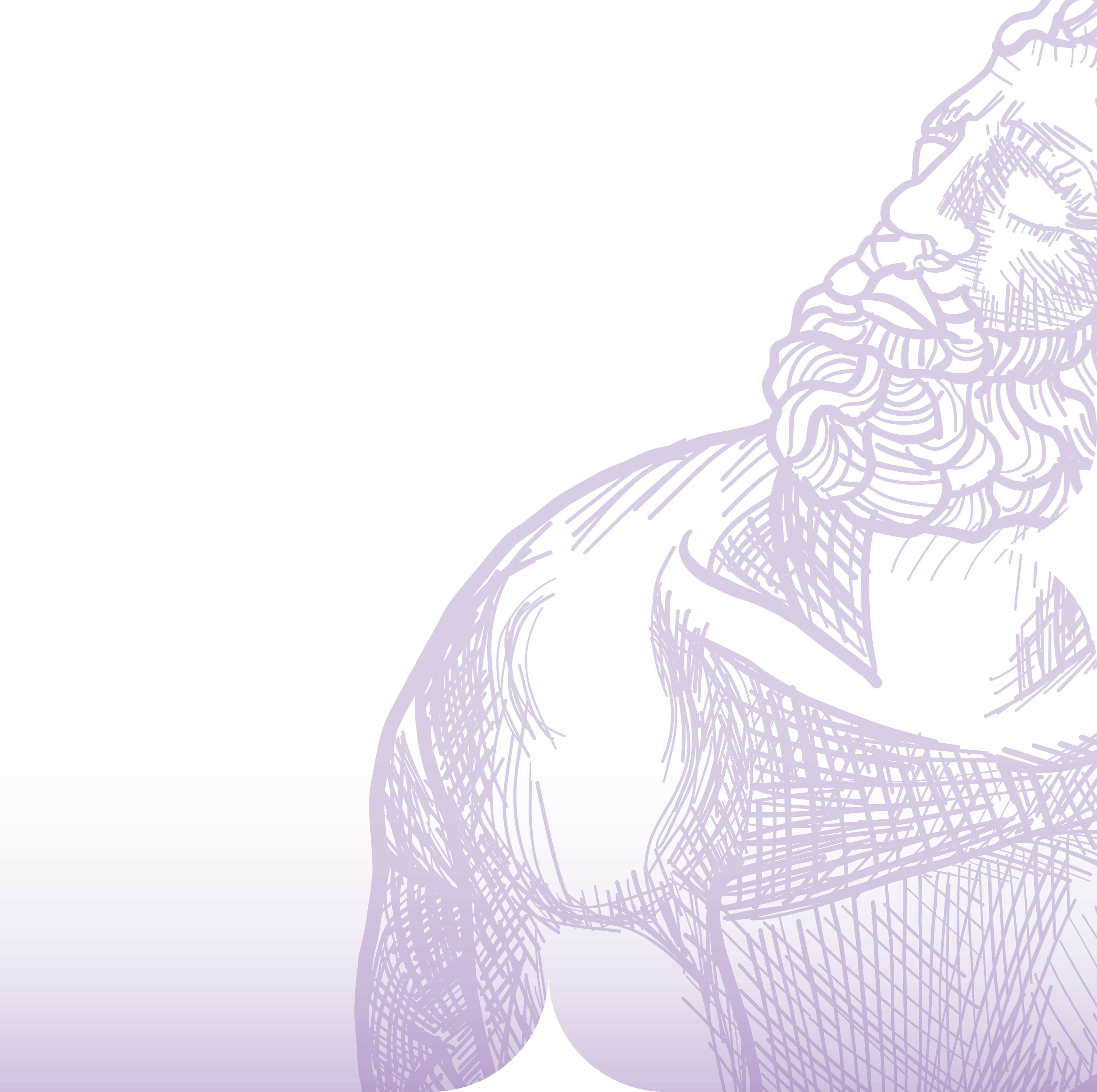 Sketch of a muscular bearded man with wavy hair looking upward on a faded purple background.