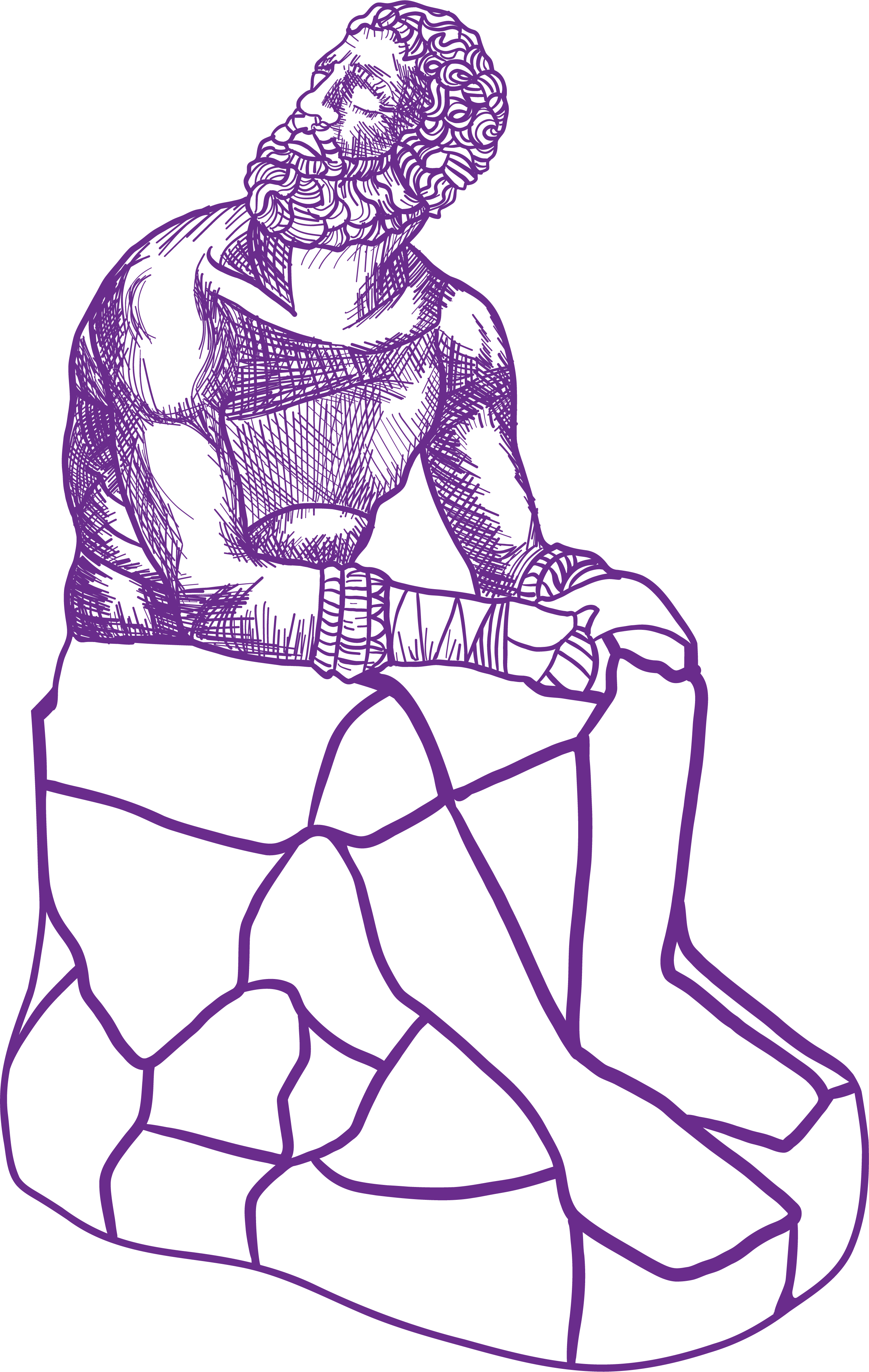Purple line art of a seated boxer with hand wraps, looking upward, on a rock-like base.