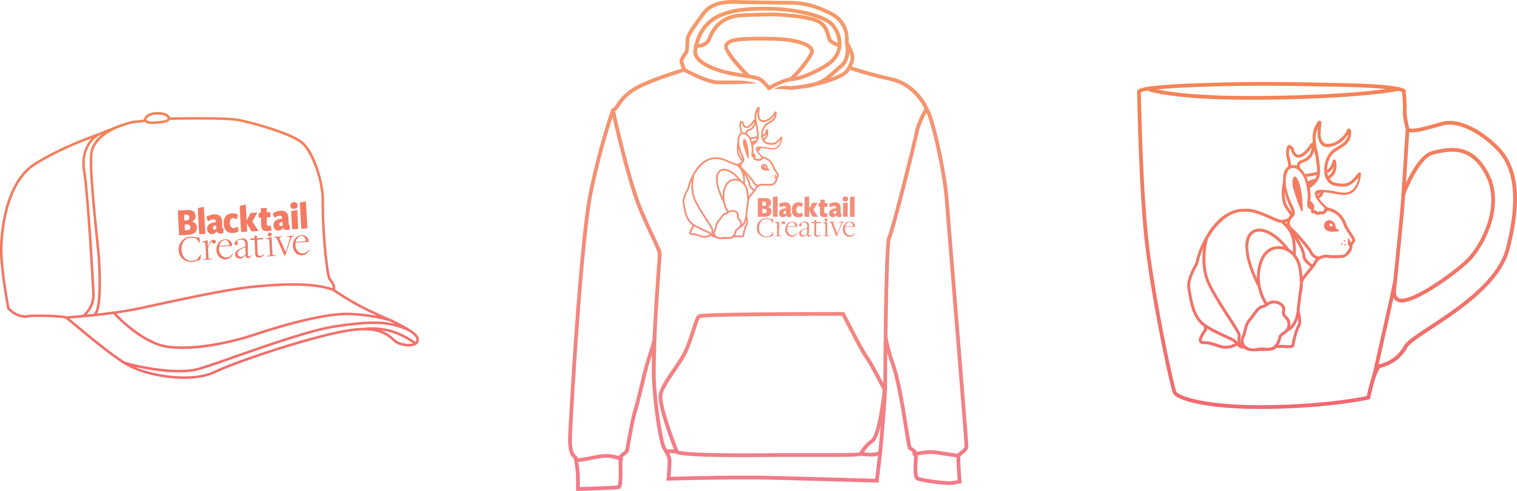 Outline of a cap, hoodie, and mug with Blacktail Creative text and a stylized deer logo.