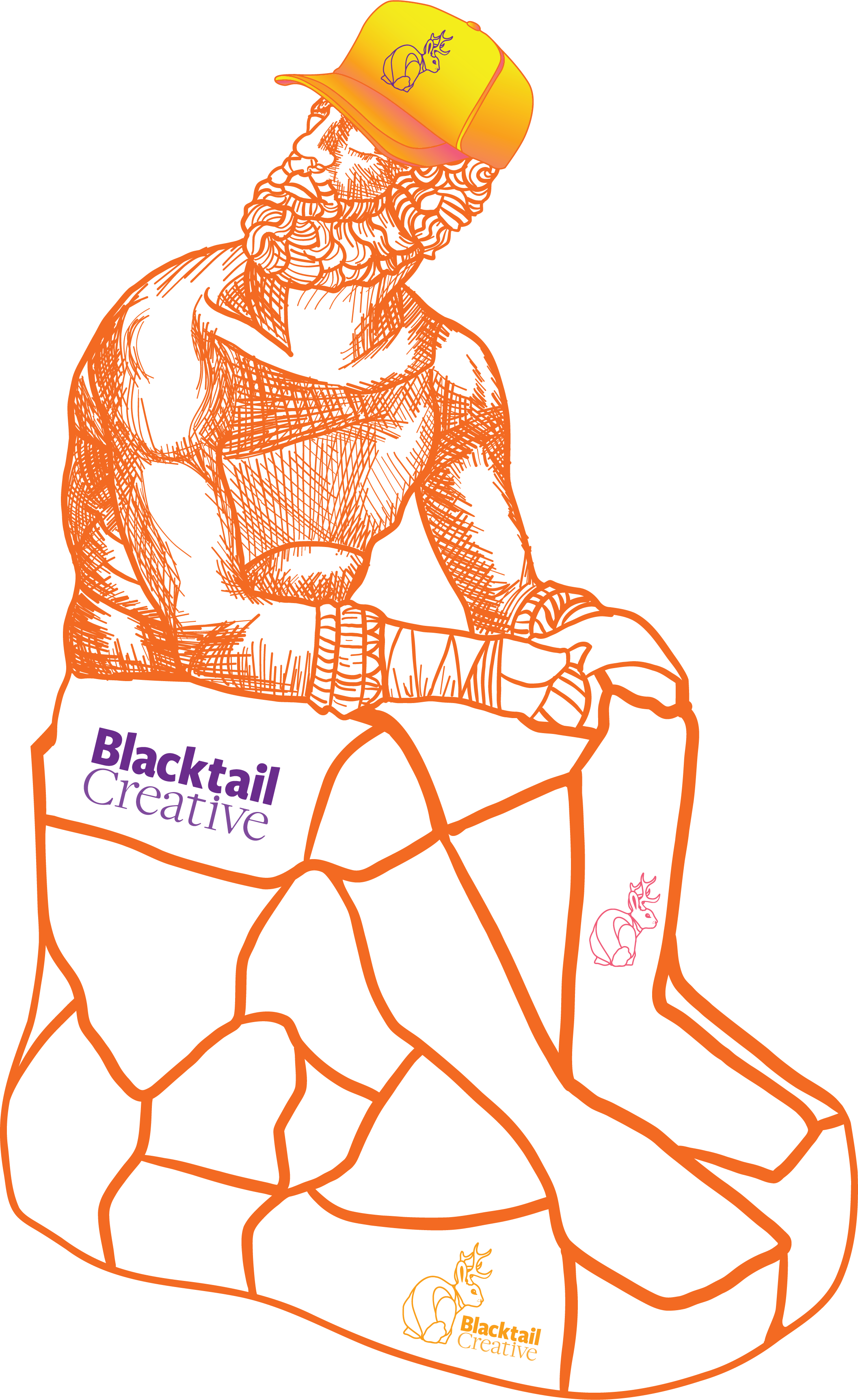 Orange sketch of a seated boxer statue wearing a yellow cap with a logo and Blacktail Creative text.