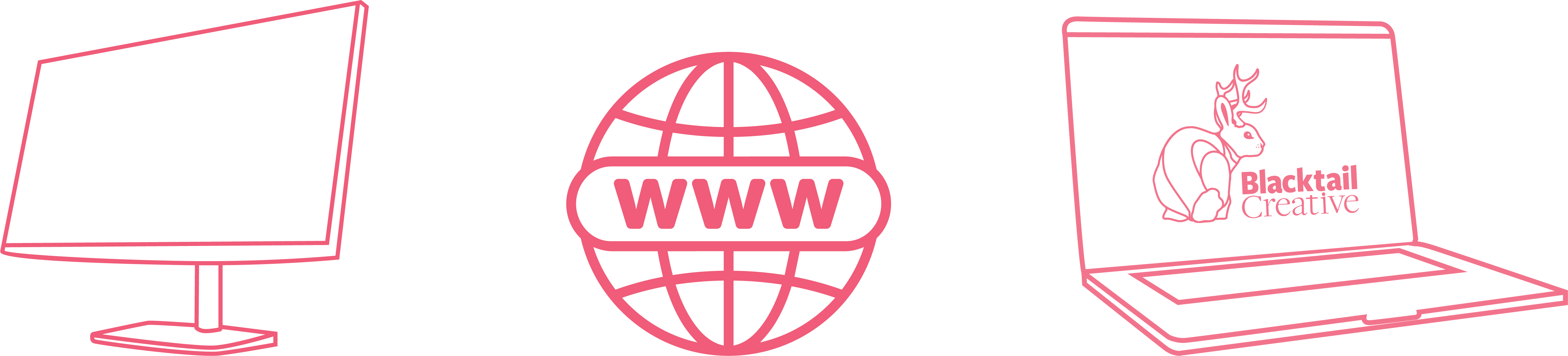 Outline of a desktop monitor, a globe with WWW, and a laptop showing Blacktail Creative logo.