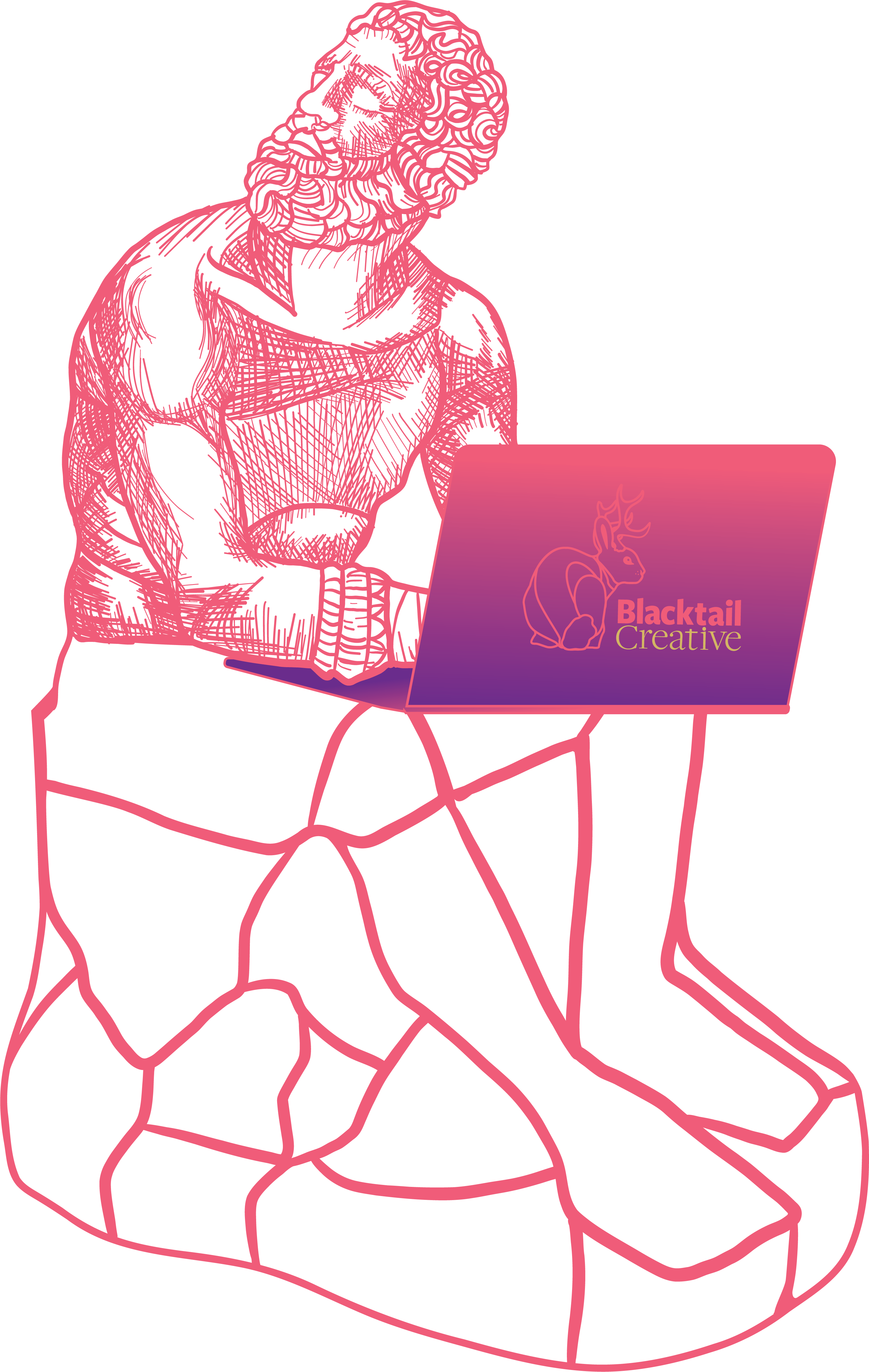 Pink line drawing of a seated bearded man using a laptop with Blacktail Creative logo.