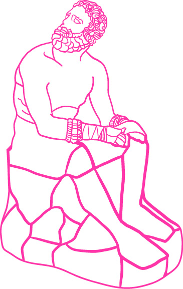 Pink line art of a seated ancient Greek-style statue with a beard and bandaged wrists on a rock.
